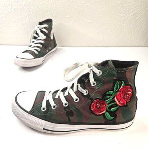 Converse High Top Camo Skate Shoe Womens 8 Rose Embroidered Green Canvas Sneaker